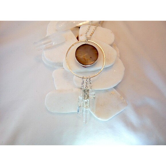 Natural Rock Crystal Quartz Three Point Titanium Blue Quartz Silver Necklace - Picture 5 of 6